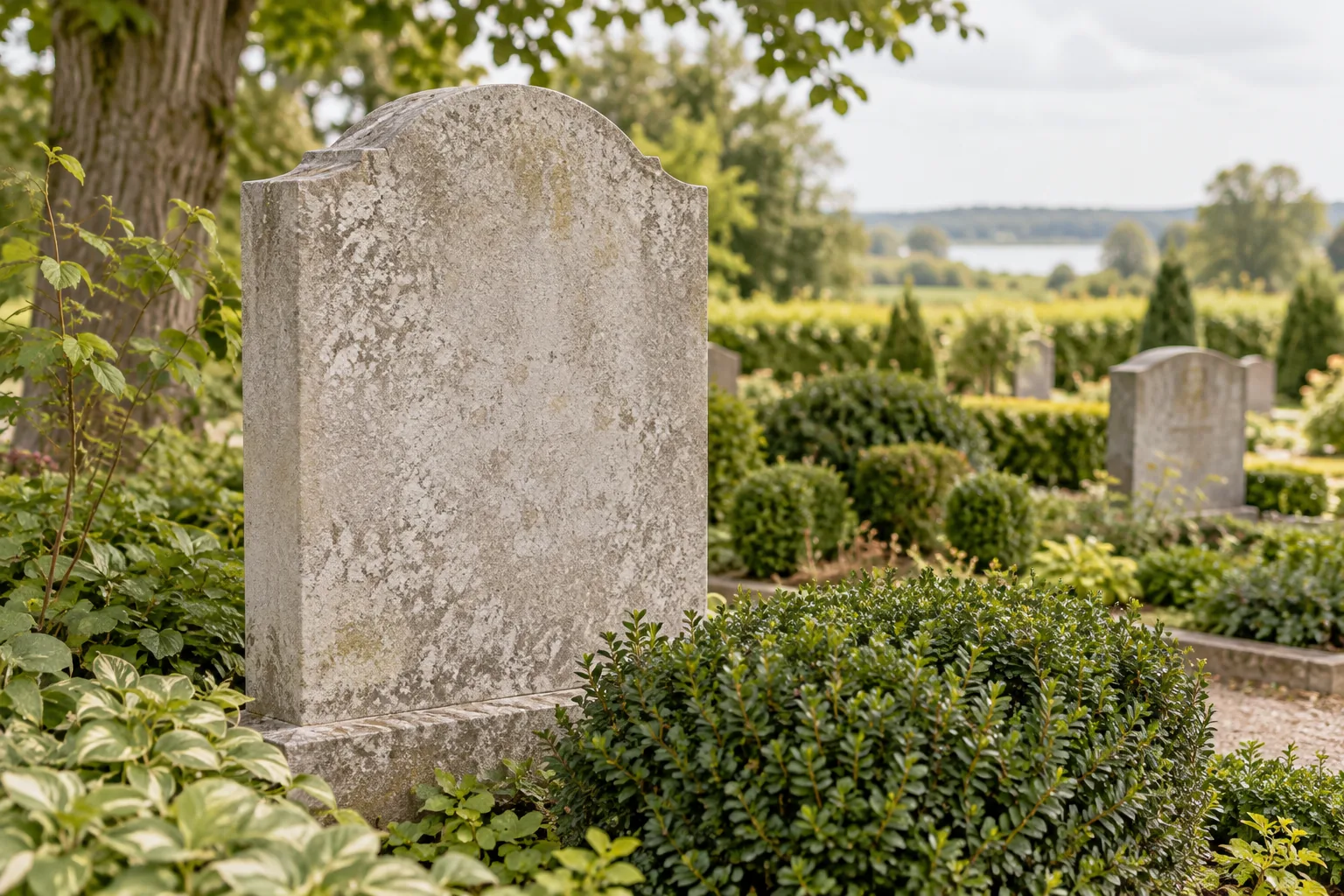 Ruhige Friedhofsszene mit einem Grabstein ohne Inschrift, KI-Symbolbild